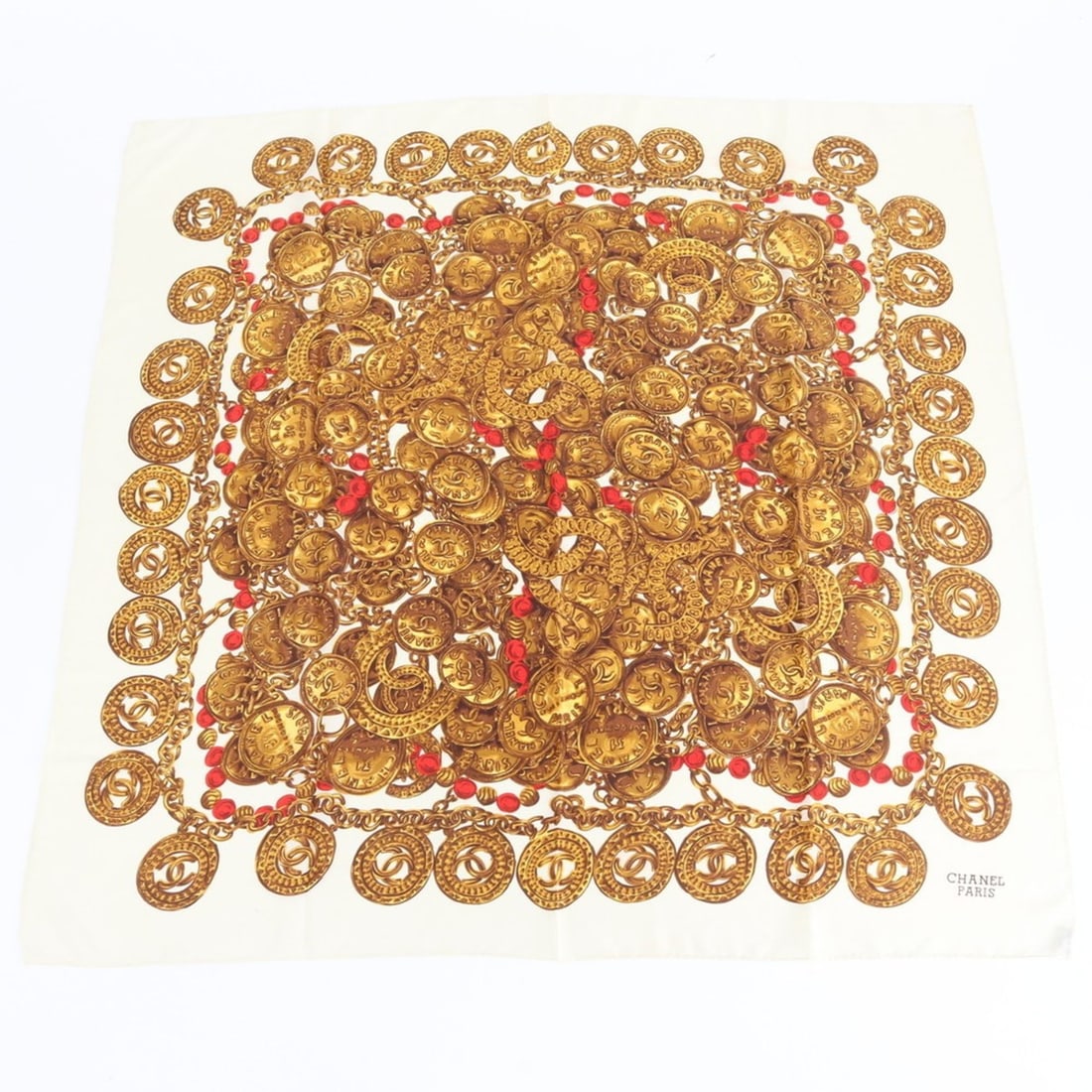 Chanel Silk Chain Jewelry Pattern Scarf/Muffler/Stole for Women: --- Catalog ---Category: SizeSize (LxW): 86cm x 86cm / 33.85'' x 33.85''Category: DesignType: ScarfColor: Beige, GoldGender: WomenMaterial: Silk Category: GeneralBrand: Chanel--- Item List ---Section: