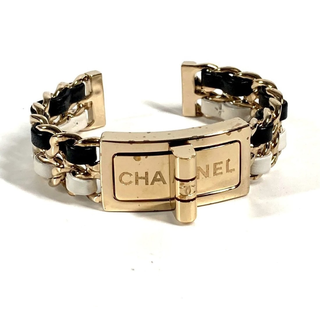 CHANEL B22A CC Logo Coco Mark Double Chain Bracelet, Accessory, Jewelry, Bangle, Metal, Leather, (1 of 8)