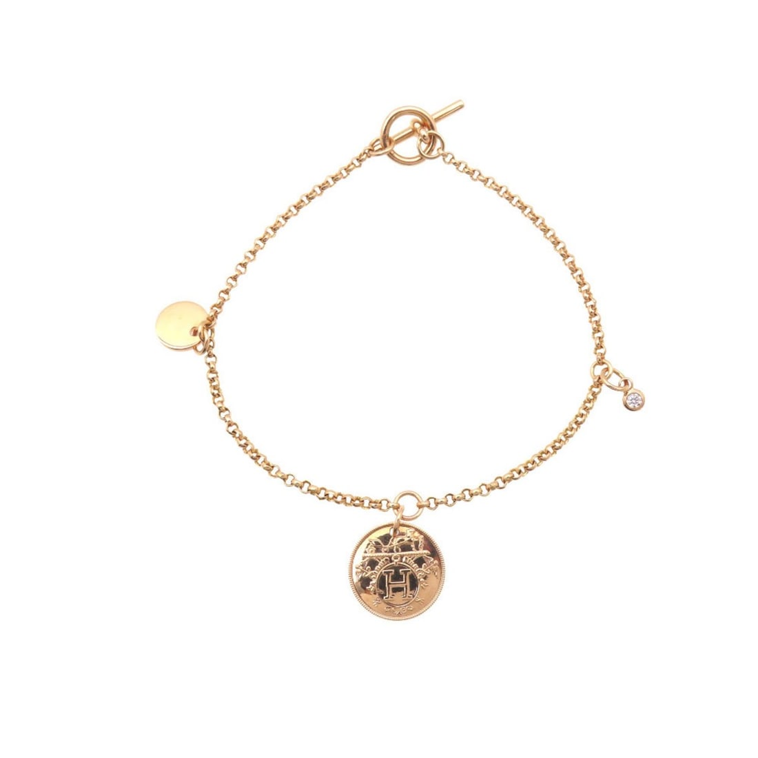 Hermes Like new Hermès Ex Libris PM 18K pink gold/diamond bracelet, diamond jewelry, 0251.: --- Catalog ---Category: SizeSize: STWeight: 7g / 0.24oz.Total Length: 17cm / 6.69''Category: DesignType: Charm braceletStone: DiamondGender: WomenMaterial: Pink gold (18K)Category: GeneralBrand: Herm