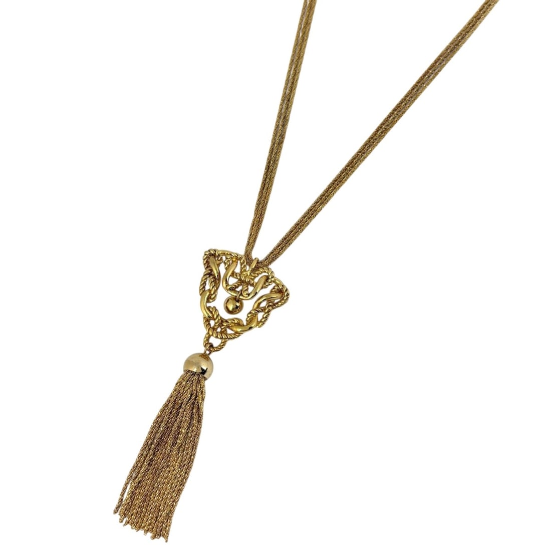 Christian Dior logo necklace with fringe, gold-plated finish, for women.: --- Catalog ---Category: SizePendant Size: 100mm x 32mm / 3.93'' x 1.25''Neck Circumference: 50 cm / 19.68''Category: DesignColor: GoldGender: WomenMaterial: Gold platingNecklace Type: