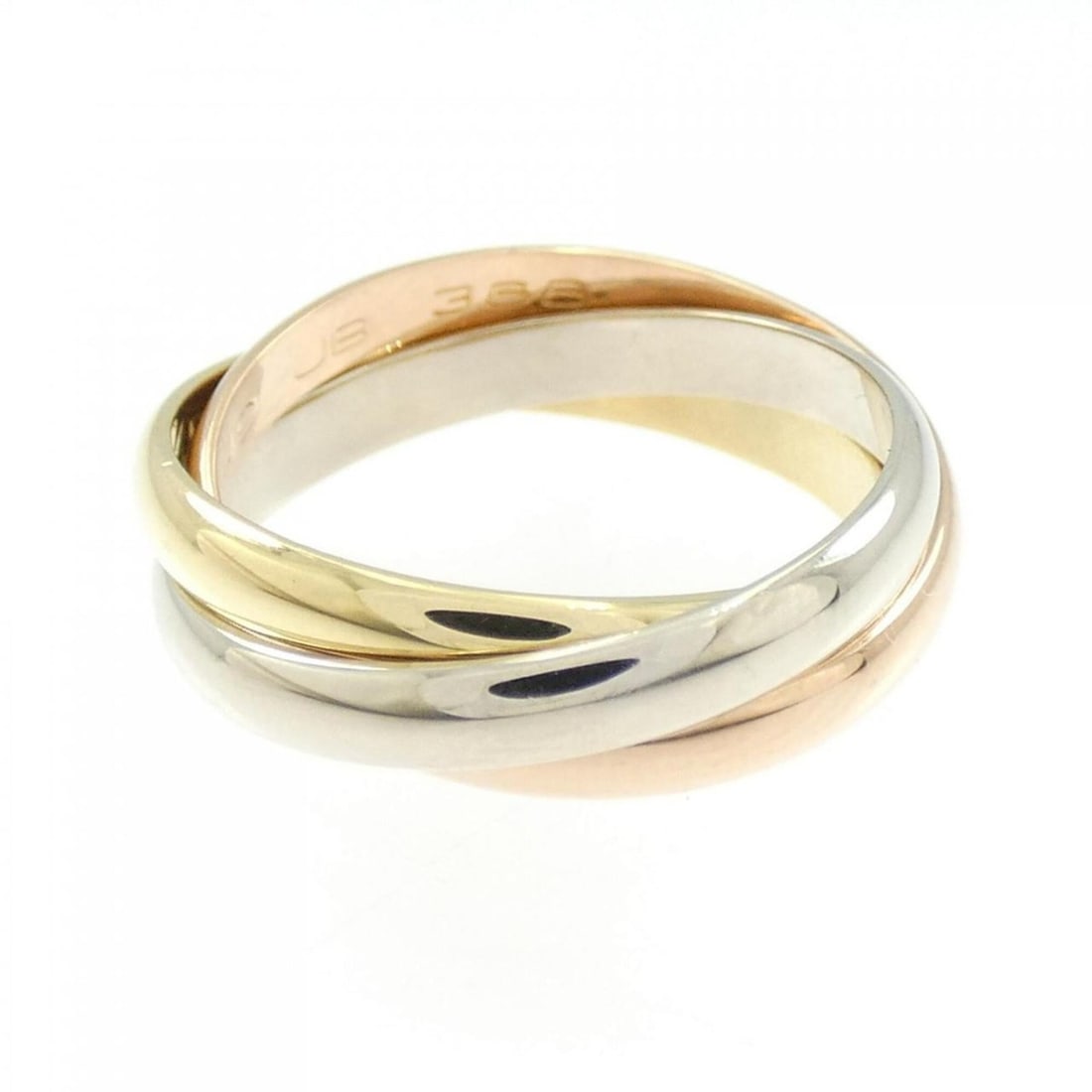Cartier Trinity Ring: --- Catalog ---Category: SizeUS Size: 5Brand Size: 49Category: DesignType: Band ringColor: Pink gold, White gold, Yellow goldGender: WomenMaterial: Pink gold (18K), White gold (18K), Yellow gold
