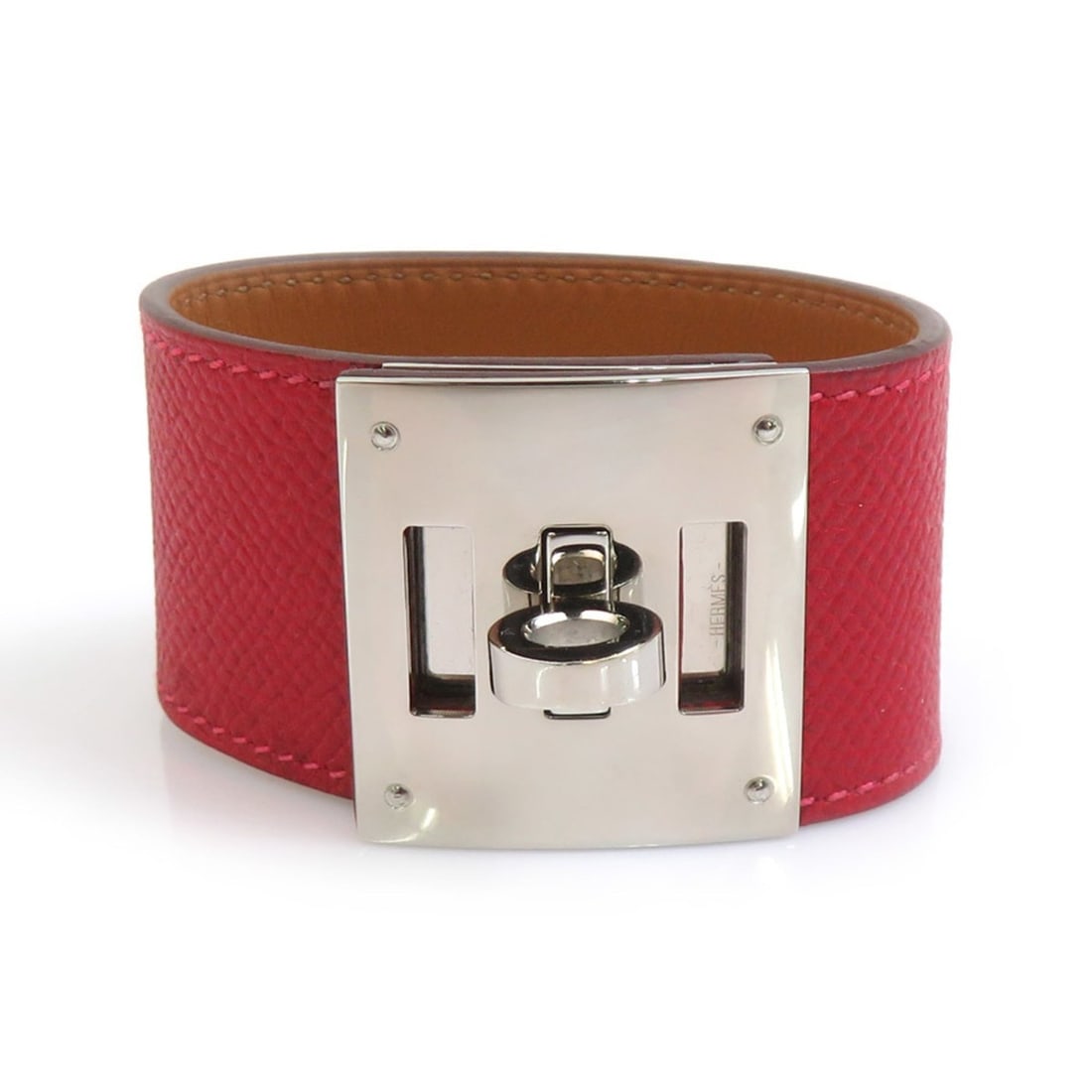 Hermes Kelly Dog Bracelet, Leather and Metal, Red Silver, Women's, e61836 (1 of 15)