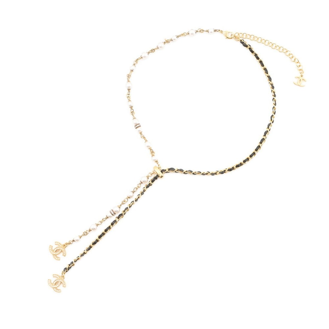 Chanel Necklace with Coco Mark Rhinestones and Faux Pearls, B24K Gold, ABE732.: --- Catalog ---Category: SizeNeck Circumference: 40.5 cm - 47.5 cm / 15.94'' - 18.7''Category: DesignColor: Black, GoldStone: Artificial pearl, RhinestoneGender: Women,MenMaterial: Gold plating, Leath