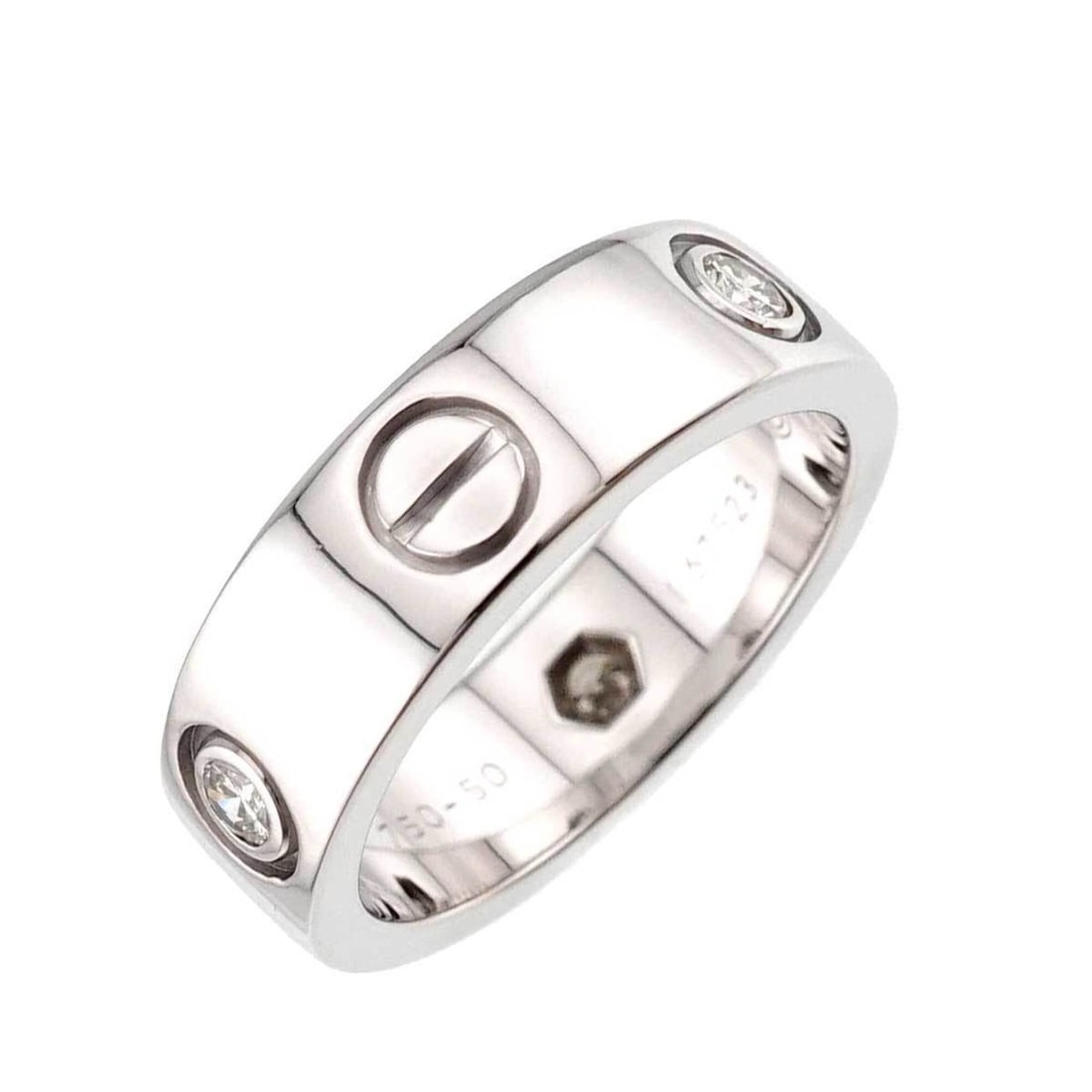 Cartier Love Ring #50, Half Diamond, 18K White Gold (750): --- Catalog ---Category: SizeUS Size: 5.5Brand Size: 50Category: DesignType: Band ringColor: White goldStone: DiamondGender: WomenMaterial: White gold (18K)Weight (ct.): 0.22Category: GeneralBrand: Ca