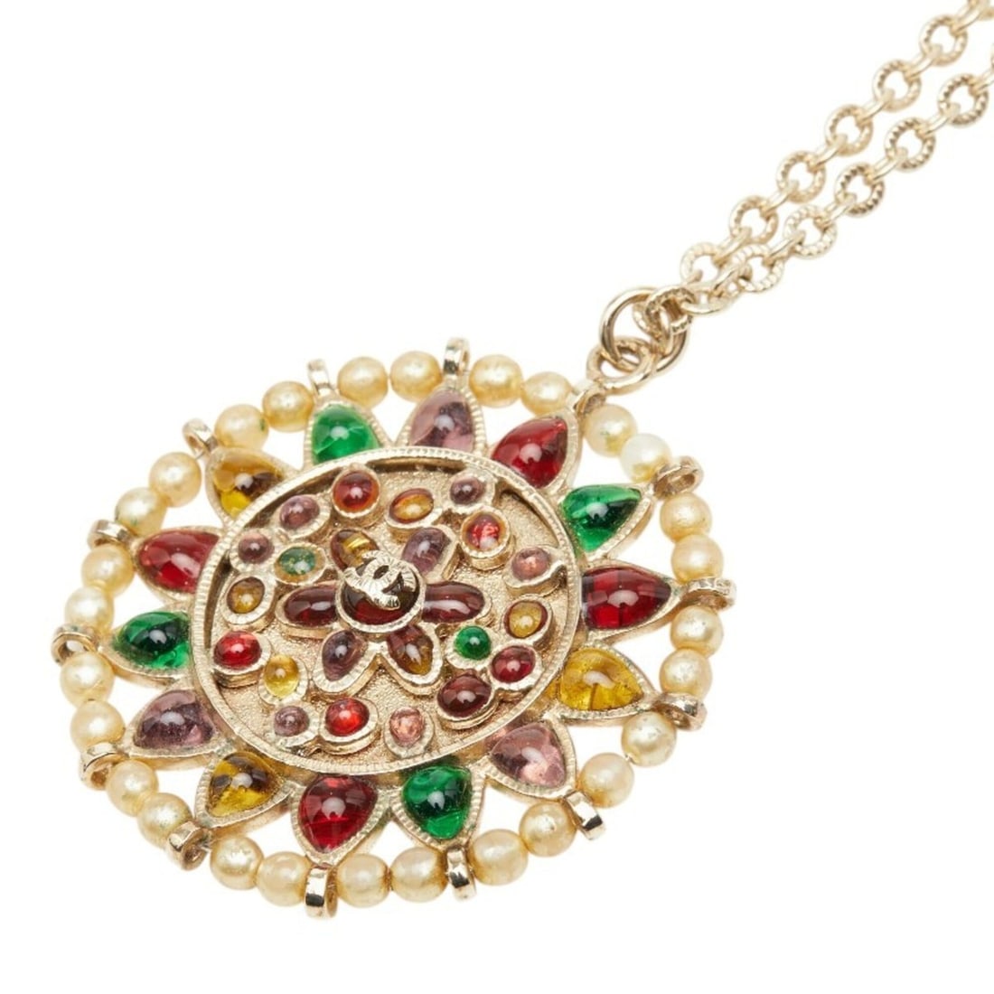 Chanel Coco Mark Chain Pendant Necklace, Multicolor Gold Plated Rhinestones, Faux Pearls, Women's: --- Catalog ---Category: SizePendant Size: 53mm x 48mm / 2.08'' x 1.88''Neck Circumference: 62 cm / 24.4''Category: DesignColor: Gold, Multi-colorStone: Artificial pearl, RhinestoneGender: WomenMateri