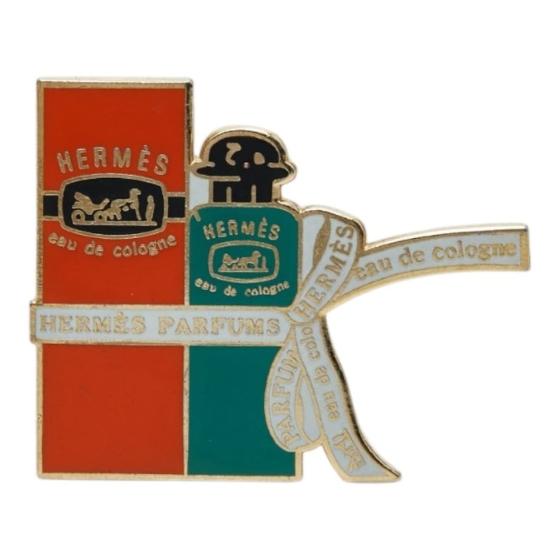 Hermes Ribbon Eau de Cologne Perfume French Pins Pin Brooch Orange Green Plated Enamel Women's: --- Catalog ---Category: SizeSize (HxWxD): 2.8cm x 3.5cm / 1.1'' x 1.37''Category: DesignType: Pin broochColor: Gold, Green, OrangeGender: WomenMaterial: Enamel, Gold platingCategory: GeneralBrand: He