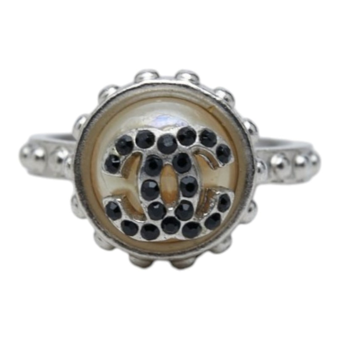 Chanel Coco Mark Ring, Silver and Black Metal, Faux Pearl Colored Stone, Women's Ring.: --- Catalog ---Category: SizeJP Size: 12US Size: 6.5Category: DesignType: Band ringColor: Black, SilverStone: Artificial pearl, Color stoneGender: WomenMaterial: MetalCategory: GeneralBrand: Chanel---