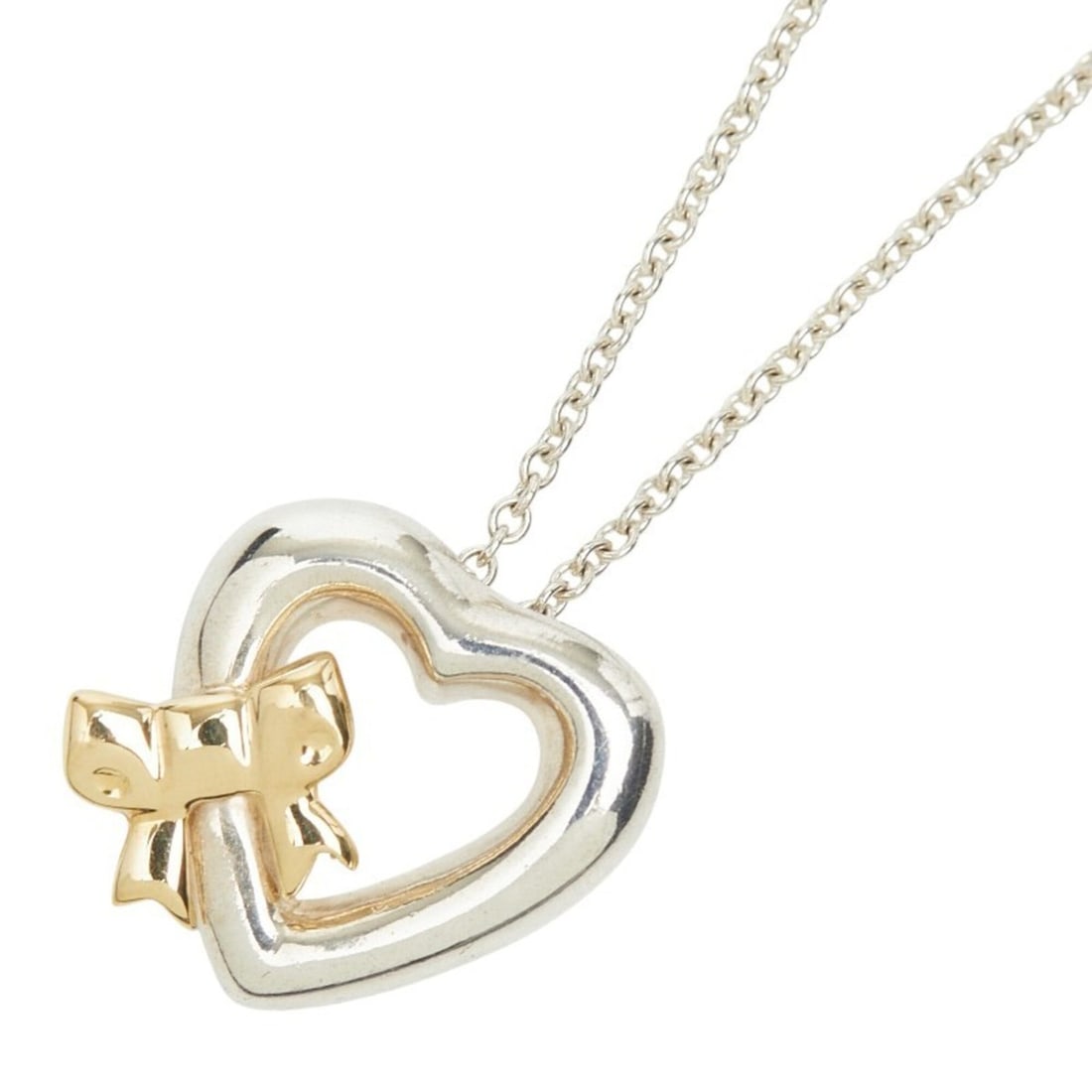 Tiffany & Co. Heart Ribbon Necklace, SV925 Sterling Silver and 18K Yellow Gold Combination, Women's.: --- Catalog ---Category: SizePendant Size: 12.8mm x 12.6mm / 0.5'' x 0.49''Neck Circumference: 41 cm / 16.14''Category: DesignGender: WomenMaterial: Silver 925, Yellow gold (18K)Necklace Type: Necklac