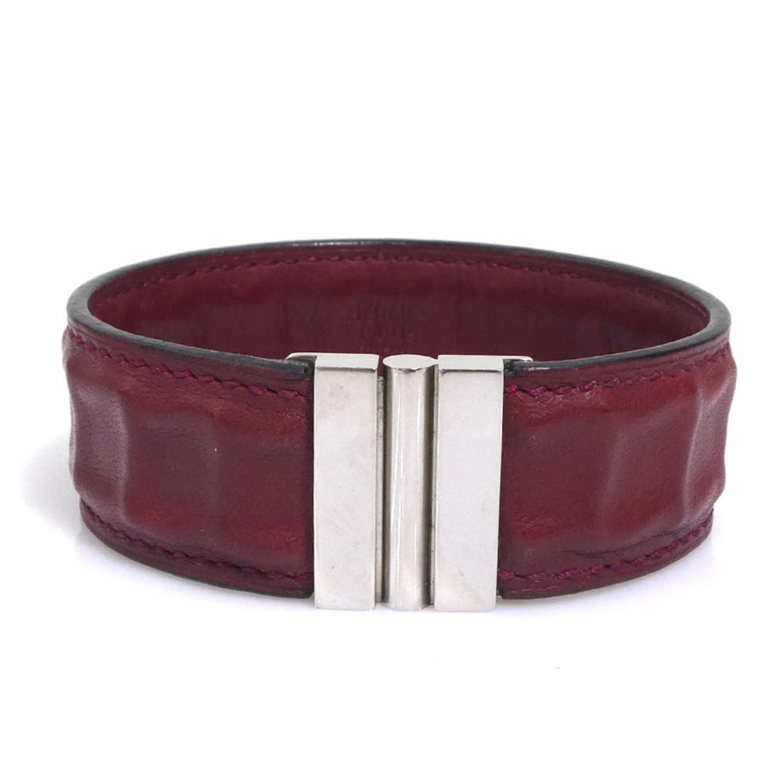 Hermes HERMES Bracelet Leather Metal Burgundy Silver Women's e61815a (1 of 10)