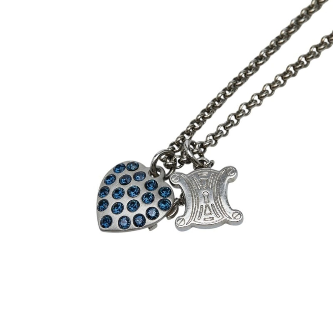 Celine Heart Logo Key Chain Pendant Necklace, Silver with Blue Rhinestones, Metal, Women's.: --- Catalog ---Category: SizePendant Size: 25mm x 20mm / 0.98'' x 0.78''Neck Circumference: 50 cm / 19.68''Category: DesignColor: SilverStone: RhinestoneGender: WomenMaterial: MetalStone Color: BluePe