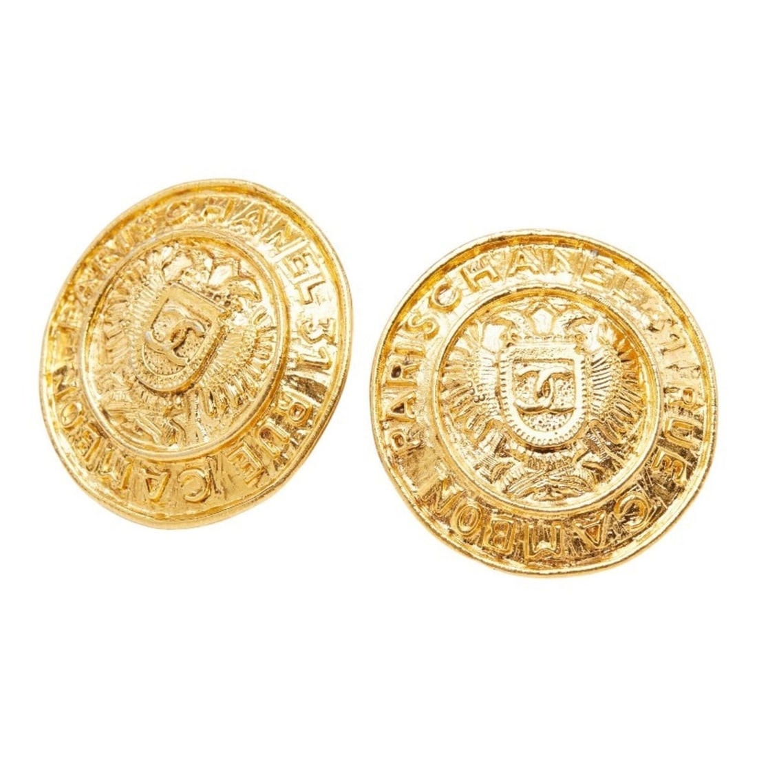 Chanel Coco Mark Vintage Round Earrings, Gold Plated, Women's CHANEL: --- Catalog ---Category: SizeSize (HxWxD): 33.00mm x 33.00mm / 1.30'' x 1.30''Category: DesignType: Clip earringsColor: GoldGender: WomenMaterial: Gold platingCategory: GeneralBrand: Chanel--- Item Li