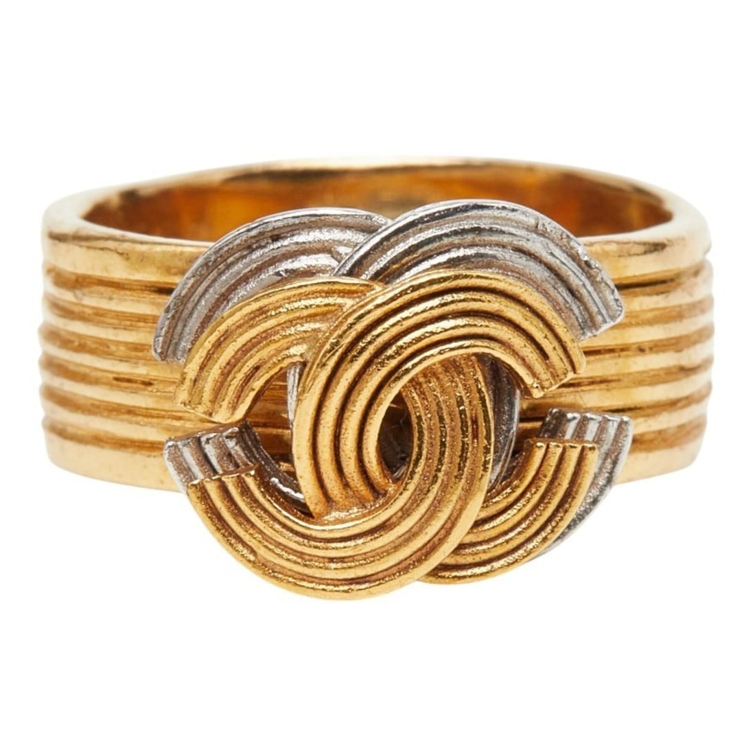 Chanel Coco Mark Stripe Ring, Gold and Silver Plated, Women's CHANEL: --- Catalog ---Category: SizeJP Size: 13US Size: 6.5Category: DesignType: Band ringColor: GoldGender: WomenMaterial: Gold platingCategory: GeneralBrand: Chanel--- Item List ---Section: ConditionRankin