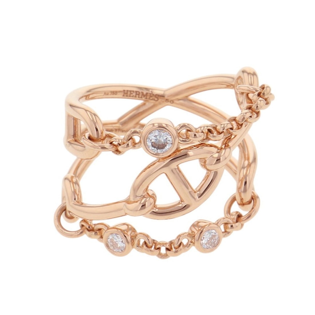 Hermes Chaine d'Ancre Chaos MM Ring with 3 Diamonds (0.22ct) in 18K Pink Gold, Size 50.: --- Catalog ---Category: SizeUS Size: 5.5Brand Size: 50Category: DesignType: Band ringColor: Pink goldStone: DiamondGender: WomenMaterial: Pink gold (18K)Weight (ct.): 0.22Category: GeneralBrand: Herm
