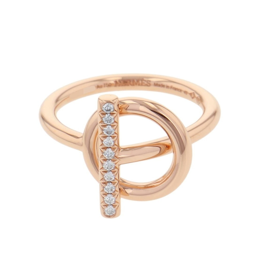 Hermes Echappé PM Ring with 10 Diamonds (0.07ct total), 18K Pink Gold, Size 49.: --- Catalog ---Category: SizeUS Size: 5Brand Size: 49Category: DesignType: Band ringColor: Pink goldStone: DiamondGender: WomenMaterial: Pink gold (18K)Weight (ct.): 0.07Category: GeneralBrand: Hermes