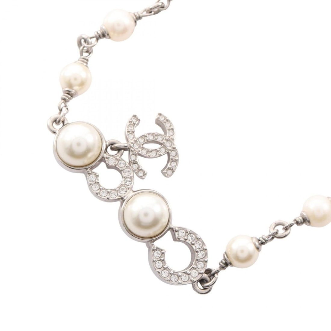 Chanel COCO Necklace, Stainless Steel, Faux Pearl, Rhinestone, Women's, Silver, White, Clear: --- Catalog ---Category: SizePendant Size: 20mm x 37mm / 0.78'' x 1.45''Neck Circumference: 31 cm - 37 cm / 12.2'' - 14.56''Category: DesignColor: Clear, Silver, WhiteGender: WomenMaterial: Artificial