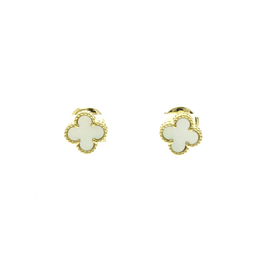Van Cleef & Arpels Sweet Alhambra Mother Of Pearl Yellow Gold (18K) Stud Earrings Gold: --- Catalog ---Category: SizeWeight: 3g / 0.1oz.Size (HxWxD): 9.20mm x 9.20mm / 0.36'' x 0.36''Category: DesignType: Stud earringsColor: GoldMetal: GoldStone: Mother of pearlStyle: FashionGender: Men,