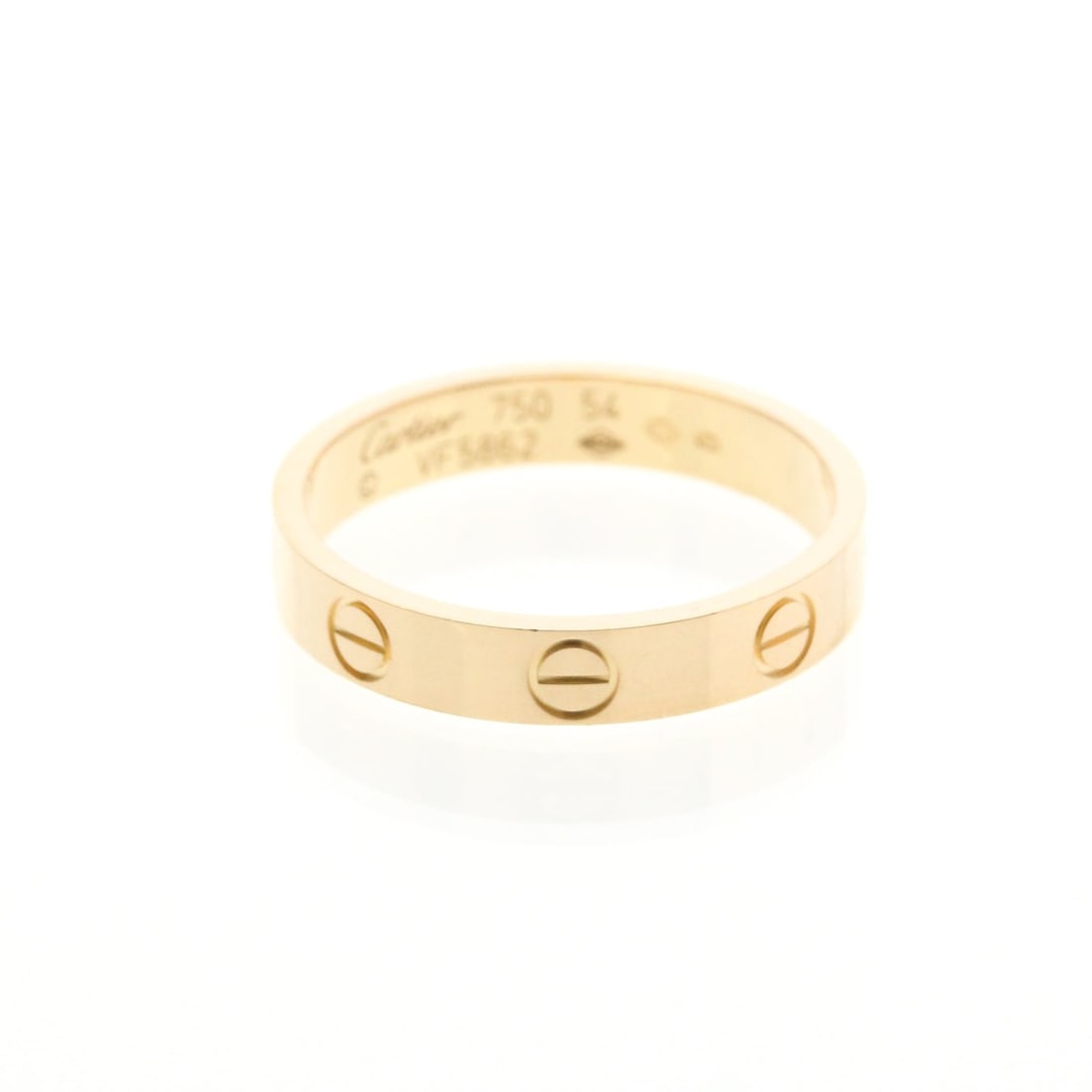Cartier Mini Love Ring Pink Gold (18K) Fashion No Stone Band Ring Pink Gold: --- Catalog ---Category: SizeWidth: 3.5mm / 0.14''Weight: 3.2g / 0.11oz.JP Size: 14US Size: 6 3/4Brand Size: 54Category: DesignType: Band ringColor: Pink goldMetal: GoldStone: No StoneStyle: FashionGe