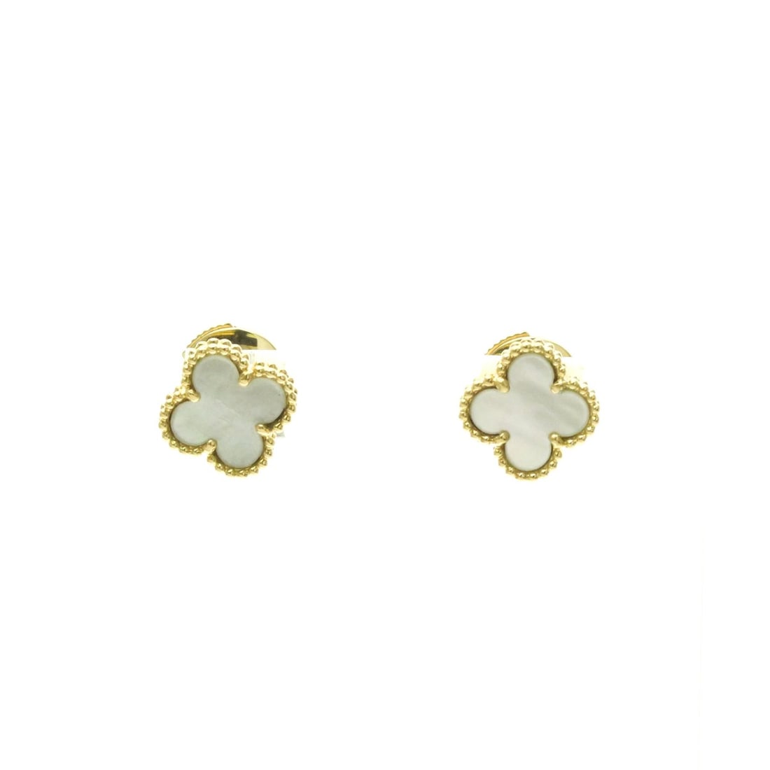 Van Cleef & Arpels Sweet Alhambra Mother Of Pearl Yellow Gold (18K) Stud Earrings Gold: --- Catalog ---Category: SizeWeight: 2.5g / 0.08oz.Size (HxWxD): 9.20mm x 9.20mm / 0.36'' x 0.36''Category: DesignType: Stud earringsColor: GoldMetal: GoldStone: Mother of pearlStyle: FashionGender: M