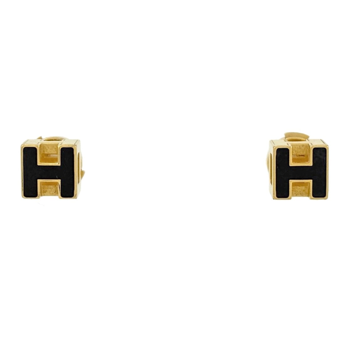 Hermes Cage d'H H-Cube Earrings with H Logo, GP Gold, Black, Women's: --- Catalog ---Category: SizeSize (HxWxD): 8.00mm x 8.00mm / 0.31'' x 0.31''Category: DesignType: Stud earringsColor: Black, GoldGender: WomenMaterial: Gold platingCategory: GeneralBrand: Hermes--- It