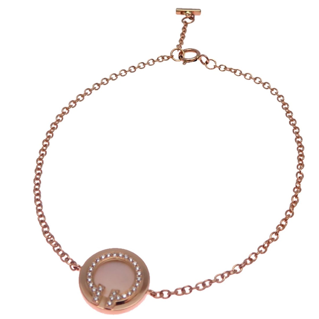 Tiffany & Co. T Two Circle Women's Bracelet, 750 Pink Gold: --- Catalog ---Category: SizeLength: 15.5cm - 17cm / 6.1'' - 6.69''Category: DesignType: Charm braceletStone: Diamond, ShellGender: WomenMaterial: Pink gold (18K)Category: GeneralBrand: Tiffany--- Ite