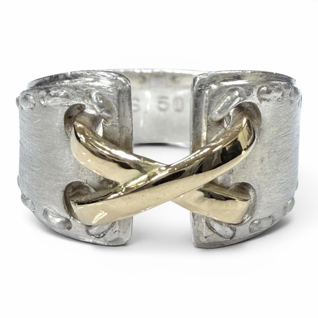 HERMES Vintage Mexico Ring, 925 Sterling Silver and Gold Combination, Silver/Gold, Size 50, Weight: --- Catalog ---Category: SizeUS Size: 5.5Brand Size: 50Category: DesignType: Band ringColor: Gold, SilverGender: WomenMaterial: Silver 925Category: GeneralBrand: Hermes--- Item List ---Section: Condit