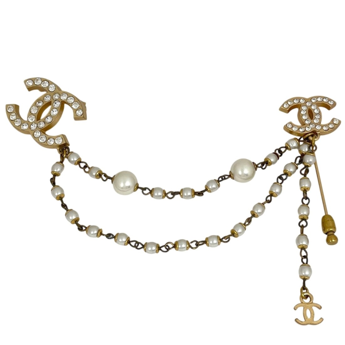 Chanel Coco Mark Rhinestone Brooch Pin Gold GP Faux Pearl Women's: --- Catalog ---Category: SizeCharm Size: 2cm x 2.7cm / 0.79'' x 1.06''Category: DesignType: Pin broochColor: GoldStone: RhinestoneFinish: Gold platedGender: WomenCategory: GeneralBrand: Chanel--- Item
