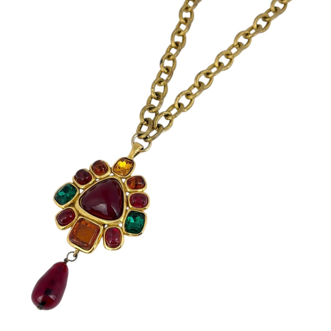 Chanel Coco Mark Color Stone Necklace Gripoix Long GP Gold Women's: --- Catalog ---Category: SizePendant Size: 90mm x 45mm / 3.54'' x 1.77''Neck Circumference: 68 cm / 26.77''Category: DesignColor: GoldStone: Color stoneGender: WomenNecklace Type: NecklaceCategory: Ge
