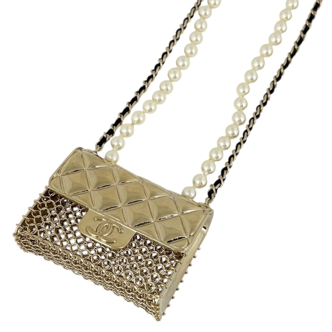 Chanel Matelassé Bag Motif Necklace, Coco Mark, Long Double Strand GP Leather, Faux Pearl, Gold,: --- Catalog ---Category: SizePendant Size: 45mm x 60mm / 1.77'' x 2.36''Neck Circumference: 84 cm / 33.07''Category: DesignColor: Black, GoldGender: WomenMaterial: LeatherNecklace Type: NecklaceCatego