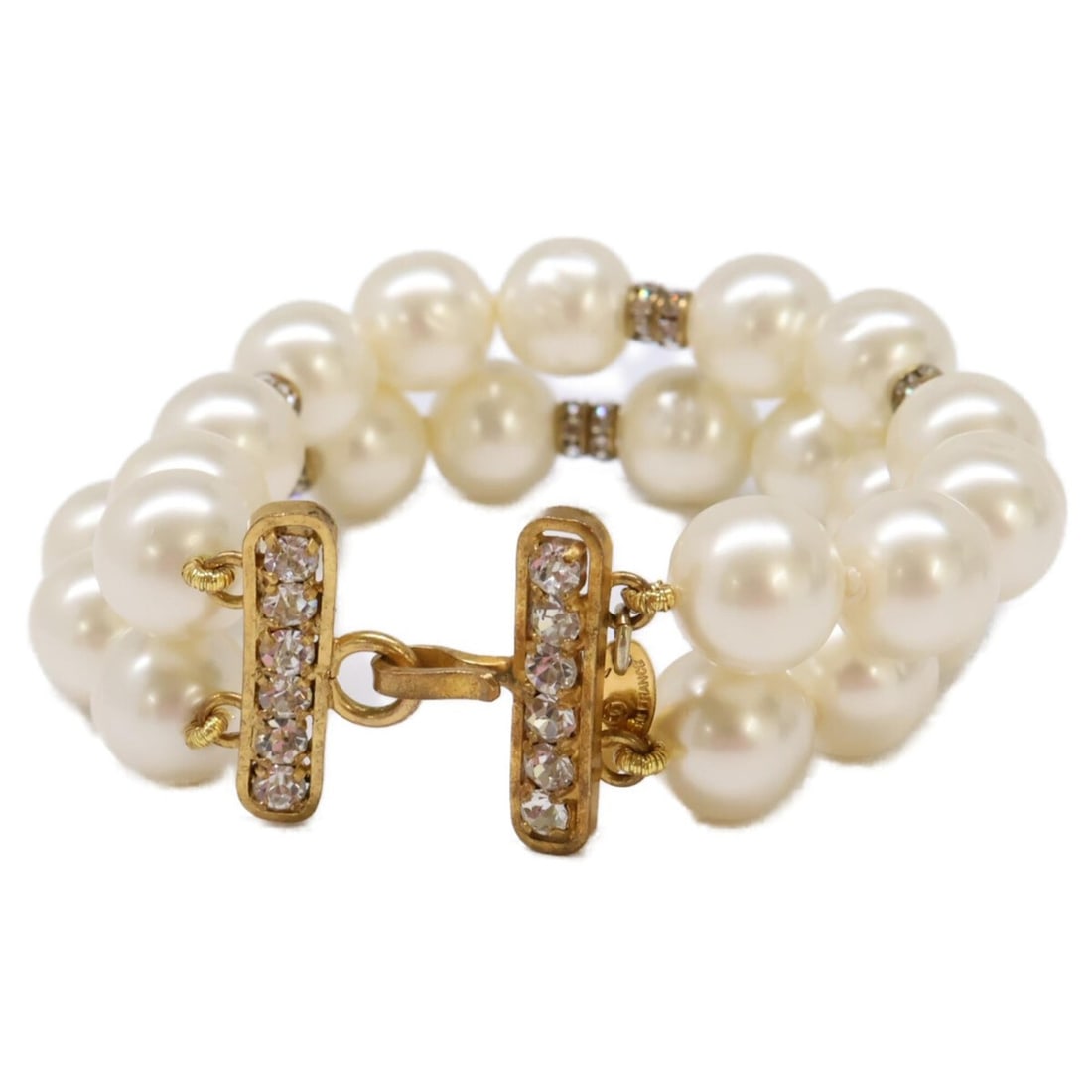 CHANEL Double Strand Imitation Pearl Bracelet, Gold, Women's: --- Catalog ---Category: SizeLength: 20cm / 7.87''Category: DesignType: Charm braceletColor: GoldStone: Artificial pearlGender: WomenMaterial: MetalCategory: GeneralBrand: Chanel--- Item List ---Secti