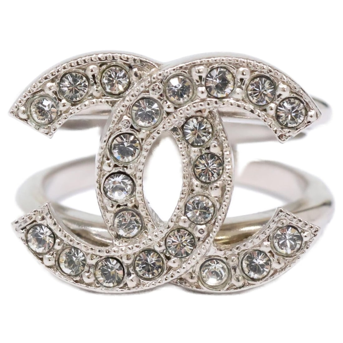 CHANEL C22C Rhinestone Coco Mark Ring, Silver, Women's: --- Catalog ---Category: SizeJP Size: 12US Size: 6.5Category: DesignType: Band ringColor: SilverStone: RhinestoneGender: WomenMaterial: MetalCategory: GeneralBrand: Chanel--- Item List ---Section: Con