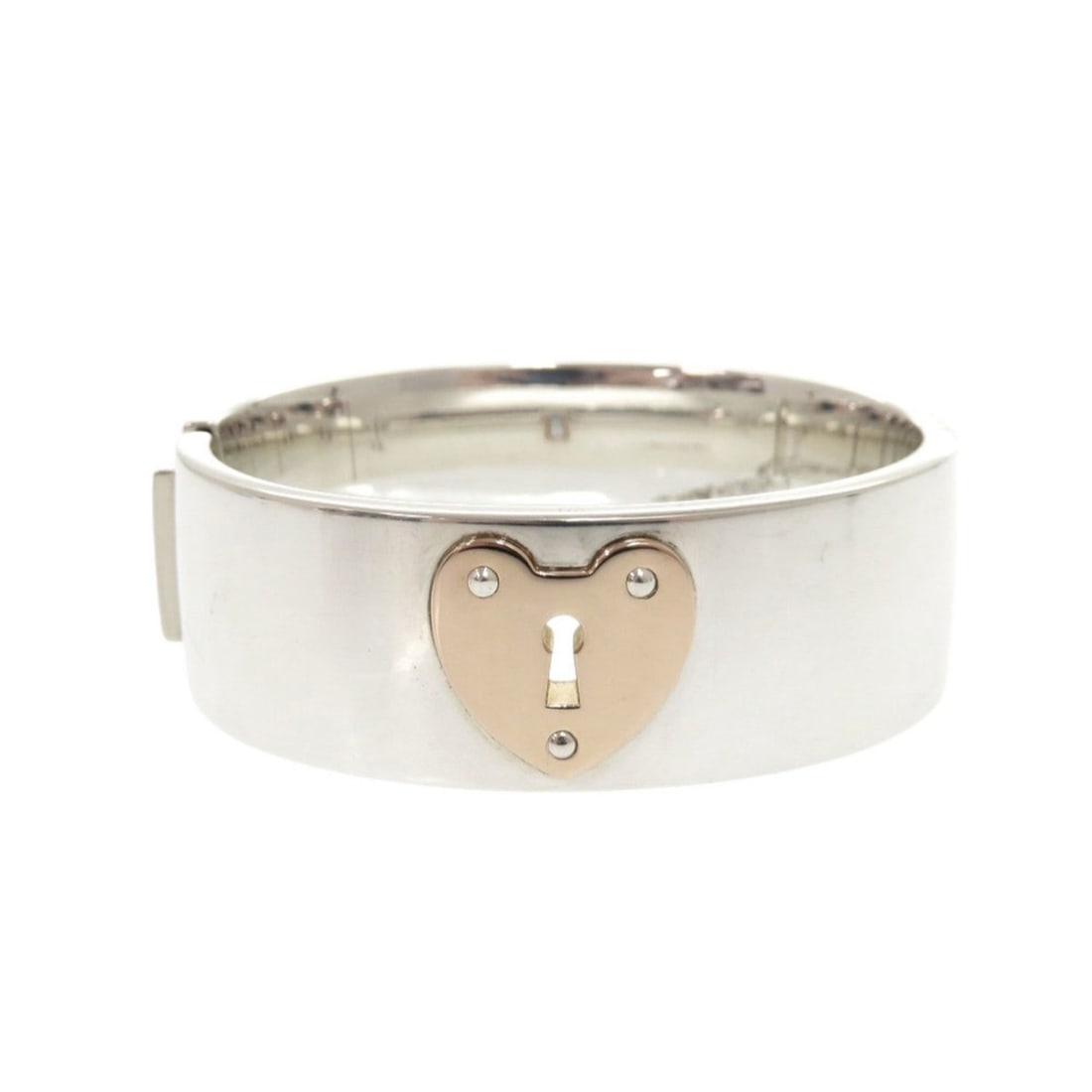 Excellent condition Tiffany & Co. Heart Lock sterling silver 925 18K rose gold 750 bangle bracelet: --- Catalog ---Category: SizeWidth: 2cm / 0.78''Length: 15.5cm / 6.1''Category: DesignType: BangleColor: Silver pinkGender: WomenMaterial: Pink gold, Silver 925Category: GeneralBrand: Tiffany--- Item 