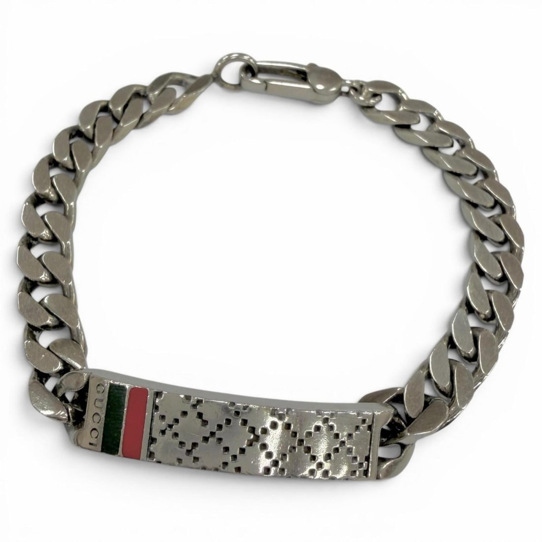 GUCCI 295676 AG925 Diamante Web Stripe Chain Bracelet, Silver, 18k, Made in Italy, Weight 18.89g,: --- Catalog ---Category: SizeLength: 18.3cm / 7.2''Category: DesignType: Charm braceletColor: SilverGender: Men,WomenMaterial: Silver 925Category: GeneralMPN: 295676Brand: GucciCountry of Origin: Ital
