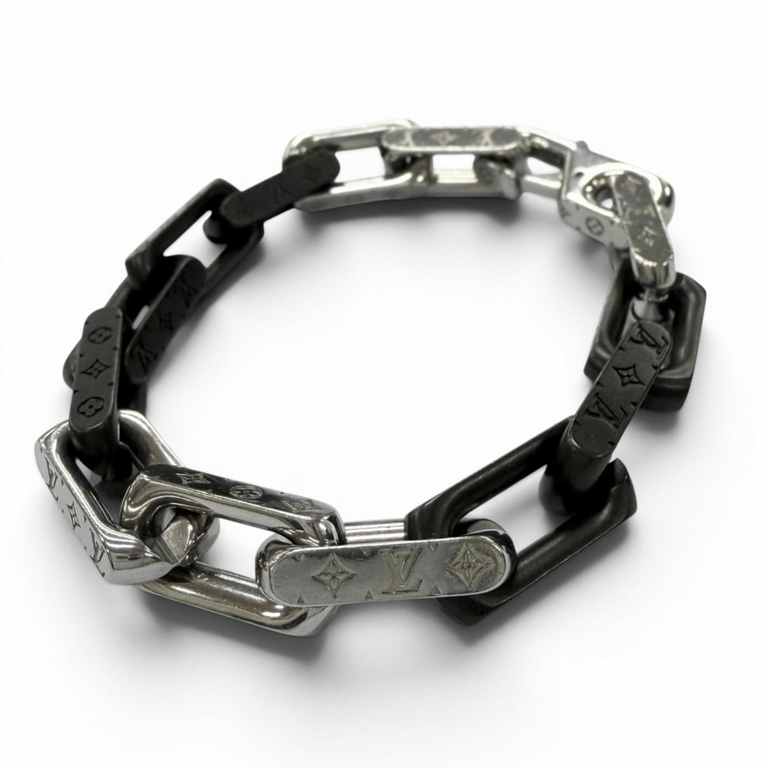LOUIS VUITTON M00686 Monogram Chain Bracelet, Silver & Black, Size M, Made in Italy, Men's, with Box (1 of 17)