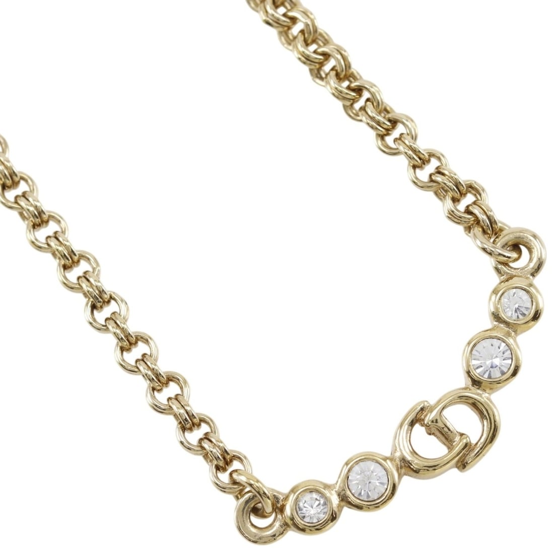Christian Dior CD logo necklace, gold plated with rhinestones, approximately 11.4g, women's.: --- Catalog ---Category: SizePendant Size: 7mm x 33mm / 0.27'' x 1.29''Neck Circumference: 38.5 cm - 43 cm / 15.15'' - 16.92''Category: DesignGender: WomenMaterial: Gold plating, RhinestoneNecklace