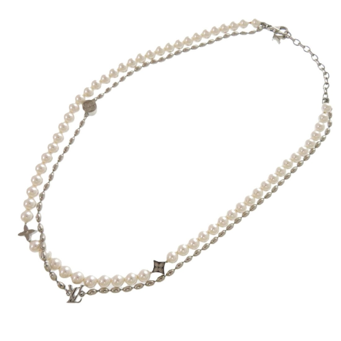 Like New Louis Vuitton Pearl Fusion Necklace M01781 Metal Glass Silver LV 1703 LOUIS VUITTON: --- Catalog ---Category: SizeNeck Circumference: 46 cm / 18.11''Category: DesignColor: SilverGender: MenMaterial: MetalNecklace Type: NecklaceCategory: GeneralMPN: M01781Brand: Louis VuittonCountry