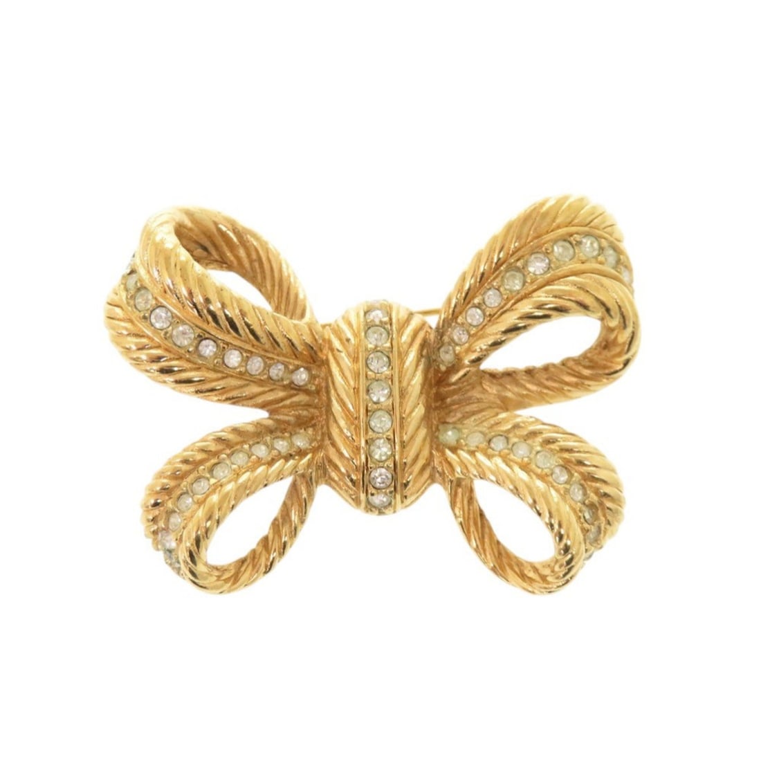 Christian Dior Ribbon Metal Rhinestone Gold Brooch 0083: --- Catalog ---Category: SizeStone Size (HxW): 33.00mm x 45.00mm / 1.30'' x 1.77''Category: DesignType: BroochColor: GoldGender: WomenMaterial: Metal, RhinestoneCategory: GeneralBrand: Christian Dior-