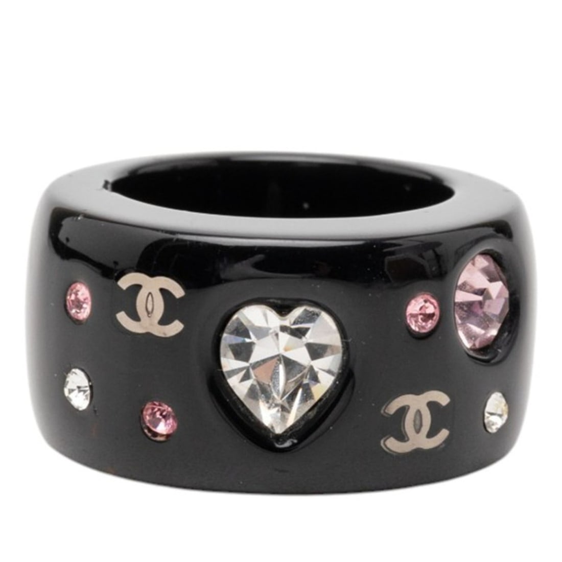 Chanel Coco Mark Heart Ring, Black Multicolor Plastic Rhinestone Women's CHANEL: --- Catalog ---Category: SizeWidth: 12.9mm / 0.51''JP Size: 11..5US Size: 6Category: DesignType: Band ringColor: Black, Multi-colorStone: RhinestoneGender: WomenMaterial: PlasticCategory: GeneralBrand