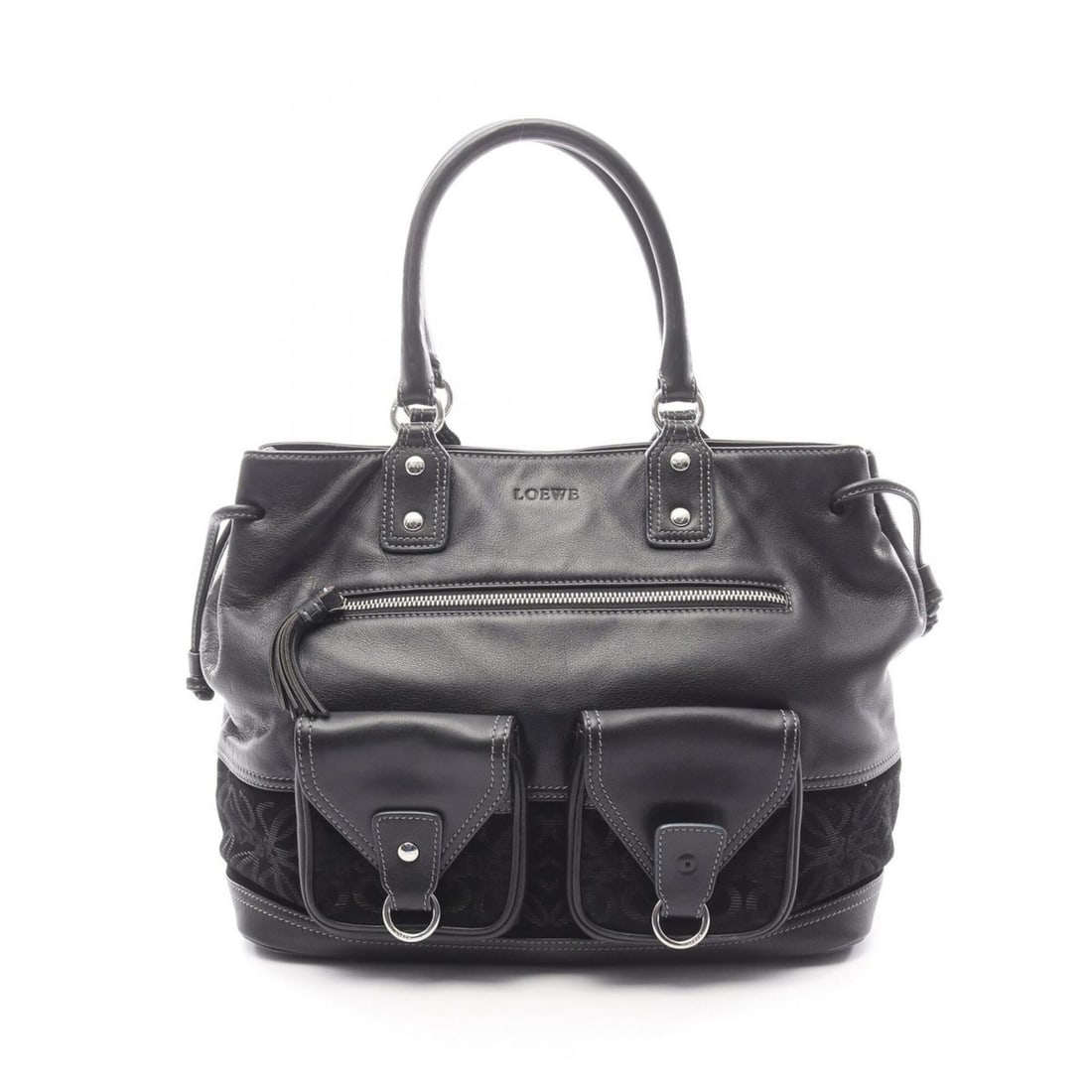 Loewe Anagram Handbag, Leather/Suede, Women's, Black: --- Catalog ---Category: SizeSize (HxWxD): 27cm x 32cm x 16cm / 10.62'' x 12.59'' x 6.29''Category: DesignType: HandbagColor: BlackGender: WomenMaterial: Leather Leather/Fur Type: Suede leatherCategor