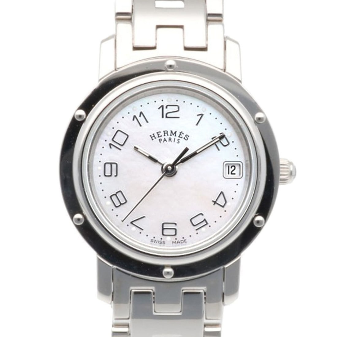 Hermes Clipper Wristwatch, Stainless Steel CL4.210 Quartz, Overhauled, Ladies', HERMES White Shell: --- Catalog ---Category: SizeWrist Size: 16cm / 6.29''Case Diameter: 23.5mm / 0.93''Category: DesignType: WristwatchGender: WomenMaterial (Band): Stainless steelMaterial (Case): Stainless steelCategor