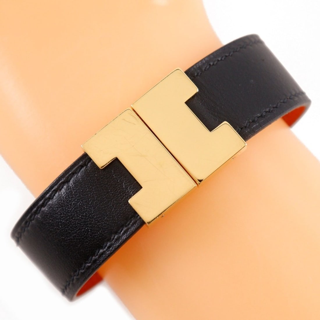 Hermes Lurie Bracelet, Reversible, Leather x Gold Plated, Black/Orange, Approx. 23.8g, Women's: --- Catalog ---Category: SizeWidth: 1.79mm / 0.07''Length: 16.5cm / 6.49''Weight: 23.8g / 0.83oz.Category: DesignType: Charm braceletColor: Black, OrangeGender: WomenMaterial: LeatherCategory: General