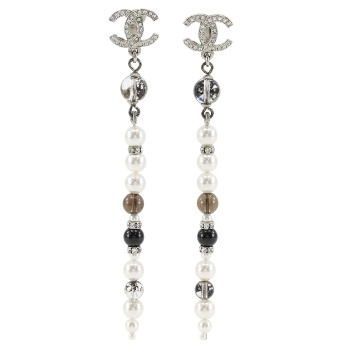 Chanel Coco Mark Earrings, Long, Metal x Faux Pearl Rhinestone, 2019 Model, Silver, A19K Gold,: --- Catalog ---Category: SizeWeight: 11g / 0.38oz.Size (HxWxD): 95.00mm x 9.00mm / 3.74'' x 0.35''Category: DesignType: Clip earringsColor: SilverStone: RhinestoneGender: WomenCategory: GeneralLine: C