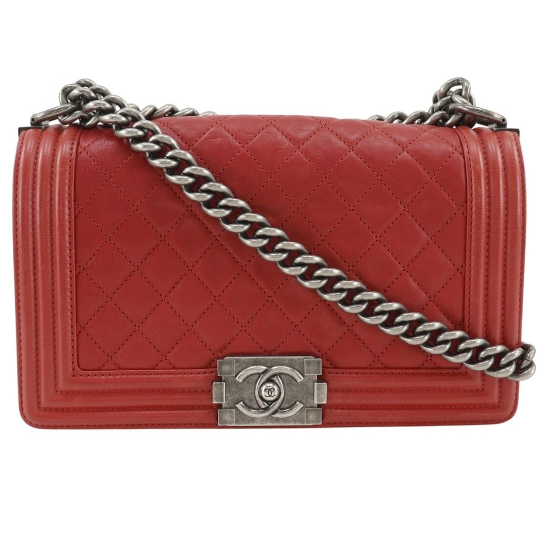 Chanel Boy Shoulder Bag, Matelassé Leather, Red Flap, Women's (1 of 16)