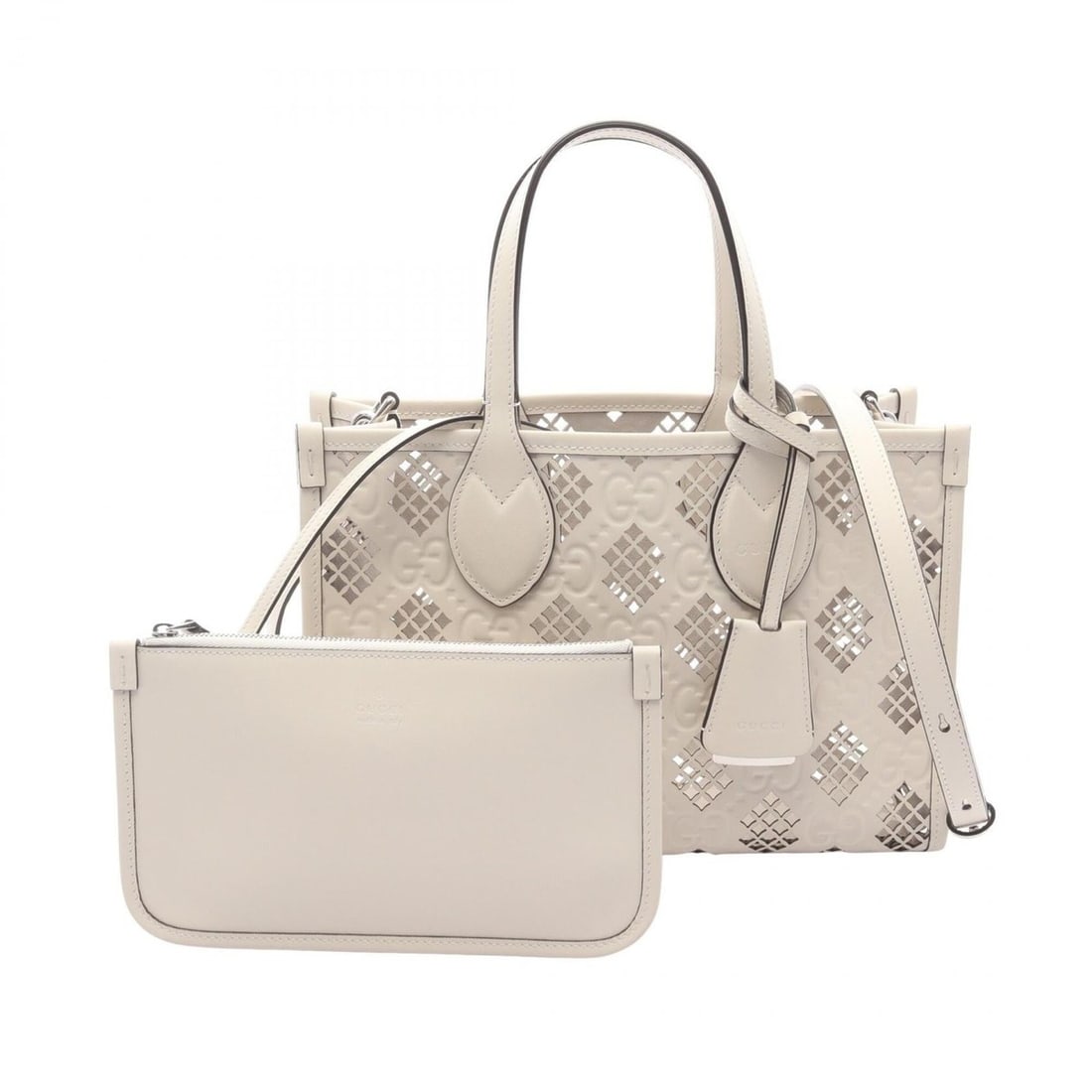 Gucci Diamond Cutout Small 2-Way Handbag, Leather, Women's, White (777192): --- Catalog ---Category: SizeSize (HxWxD): 20cm x 28cm x 10cm / 7.87'' x 11.02'' x 3.93''Category: DesignType: Handbag, PouchColor: WhiteGender: WomenMaterial: Leather Category: GeneralMPN: 777192Bran