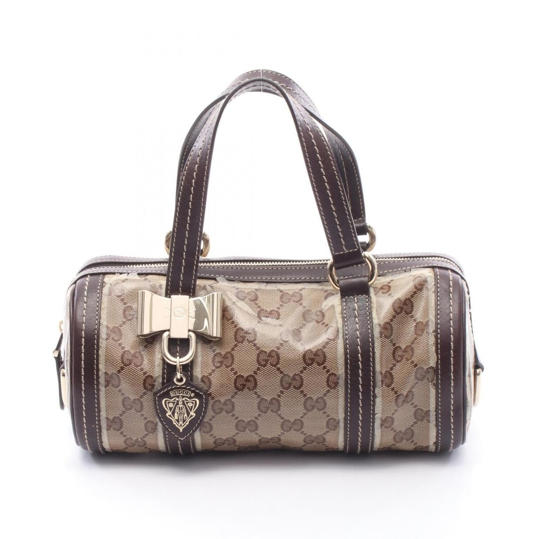 Gucci Crest Mini Boston Bag, GG Crystal Handbag, Coated Canvas Leather, Women's, Beige/Brown, Item: --- Catalog ---Category: SizeSize (HxWxD): 12cm x 26cm x 12.5cm / 4.72'' x 10.23'' x 4.92''Category: DesignType: Boston bag, HandbagColor: Beige, BrownGender: WomenMaterial: PVC , Leather Category: Ge