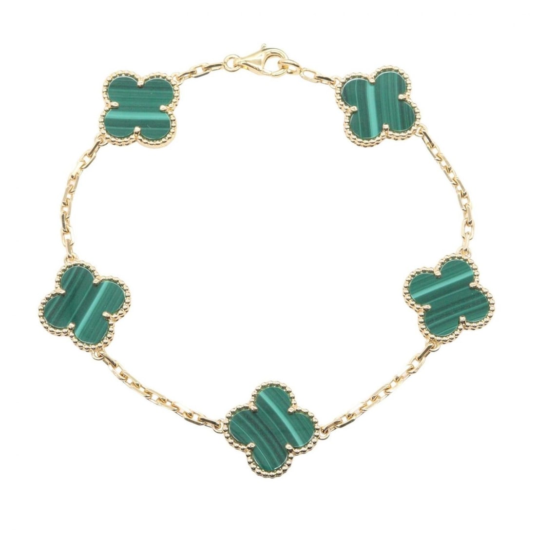 Van Cleef & Arpels Vintage Alhambra 5P Malachite Bracelet, 18K (Yellow Gold), Malachite, Women's,: --- Catalog ---Category: SizeLength: 18cm / 7.08''Category: DesignType: Charm braceletColor: Gold, GreenGender: WomenMaterial: Yellow gold (18K)Category: GeneralMPN: VCARL80900Brand: Van Cleef & Arpel