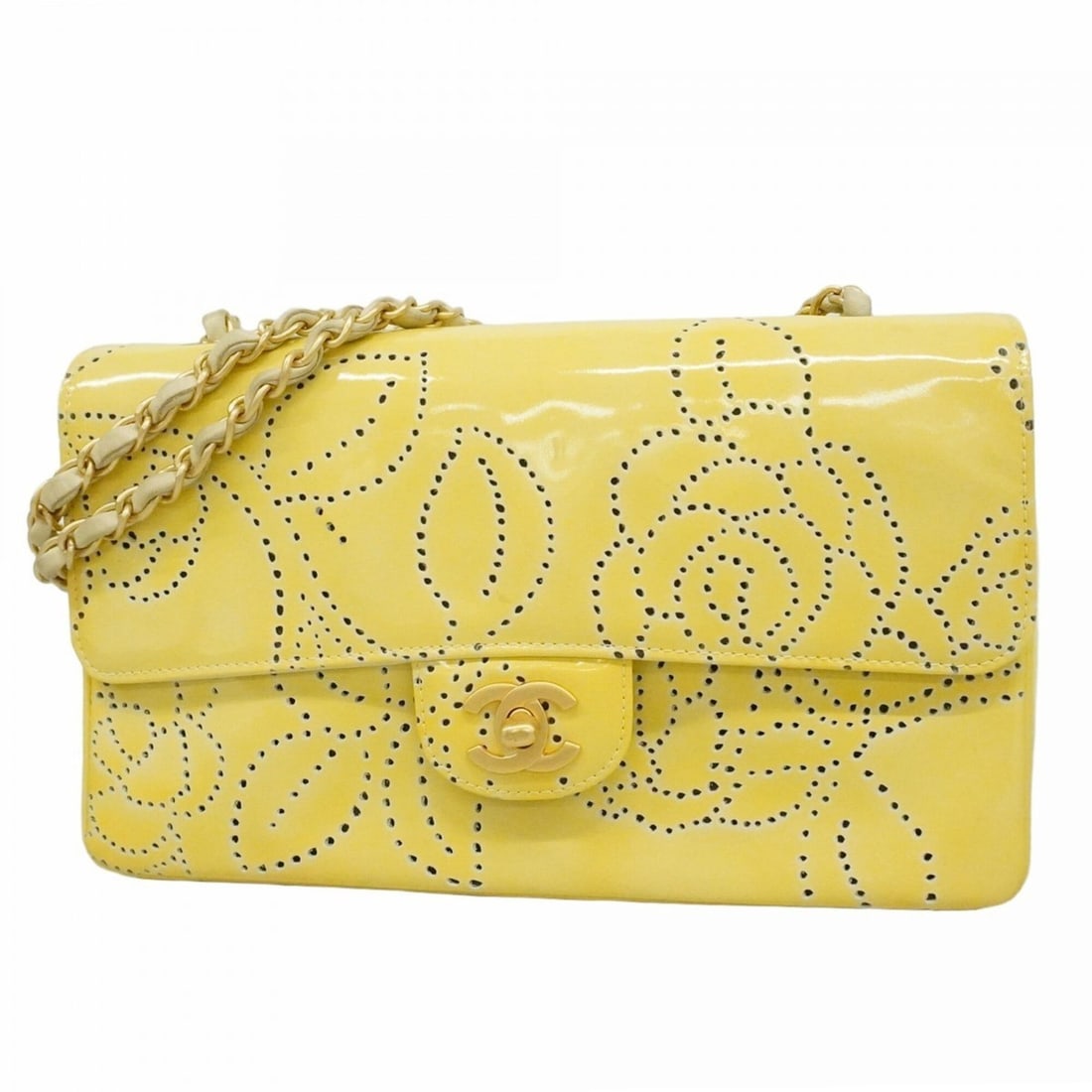 Chanel Shoulder Bag Camellia Double Chain Perforated Patent Leather Yellow Champagne Women's: --- Catalog ---Category: SizeSize (HxWxD): 17cm x 25cm x 7cm / 6.69'' x 9.84'' x 2.75''Category: DesignType: Shoulder bagColor: YellowGender: WomenMaterial: Patent leather Hardware Color: Champagne go