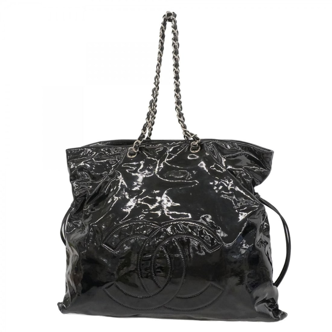 Chanel Tote Bag/Chain Tote, Patent Leather, Black, Women's: --- Catalog ---Category: SizeSize (HxWxD): 41cm x 46.5cm x 2cm / 16.14'' x 18.3'' x 0.78''Category: DesignType: Tote bagColor: BlackGender: WomenMaterial: Patent leather Hardware Color: SilverCategory