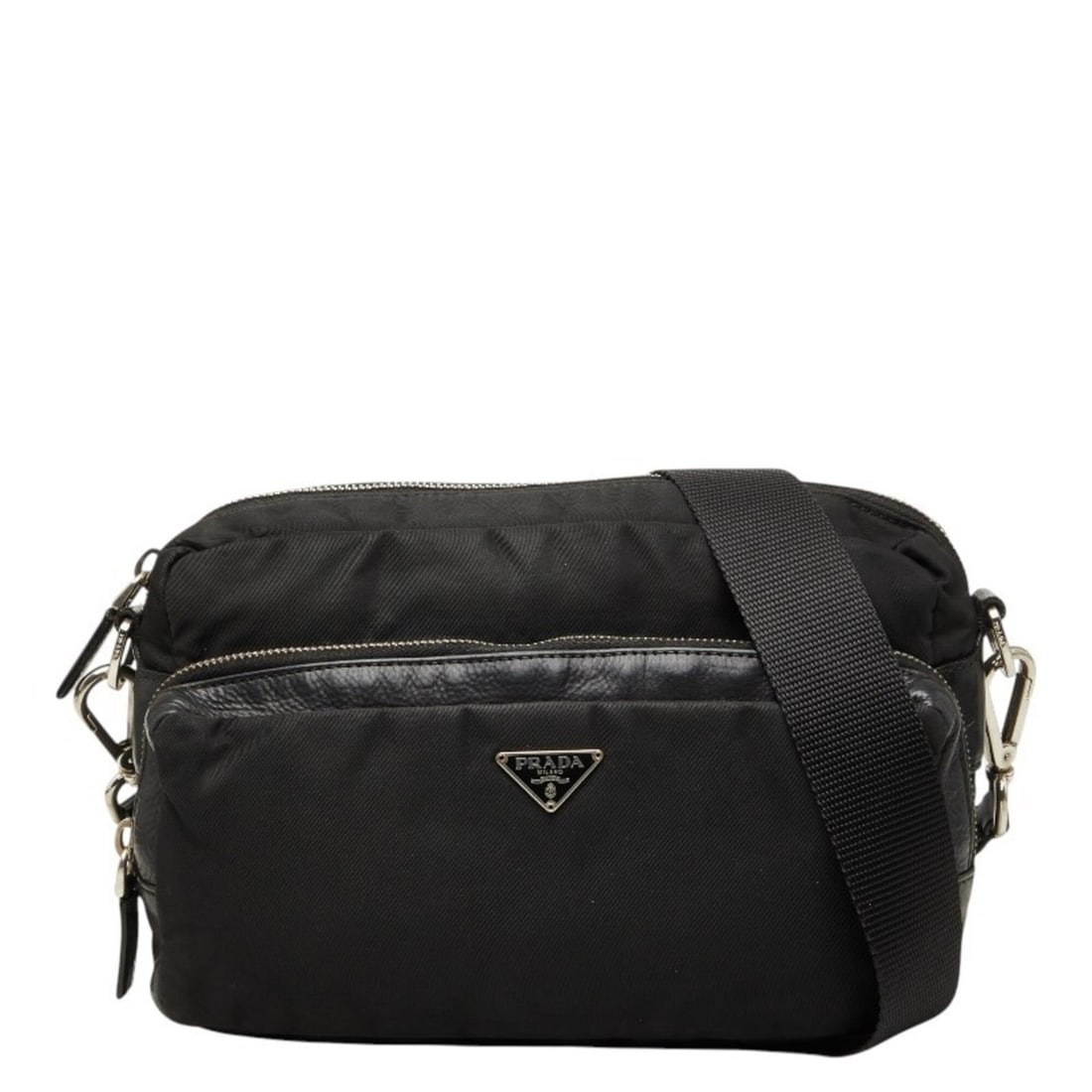 Prada Triangle Logo Plate Crossbody Shoulder Bag Body Black Nylon Leather Women's PRADA: --- Catalog ---Category: SizeSize (HxWxD): 13cm x 22cm x 8cm / 5.11'' x 8.66'' x 3.14''Category: DesignType: Shoulder bag, Sling bagColor: BlackGender: WomenMaterial: Nylon , Leather Category: General