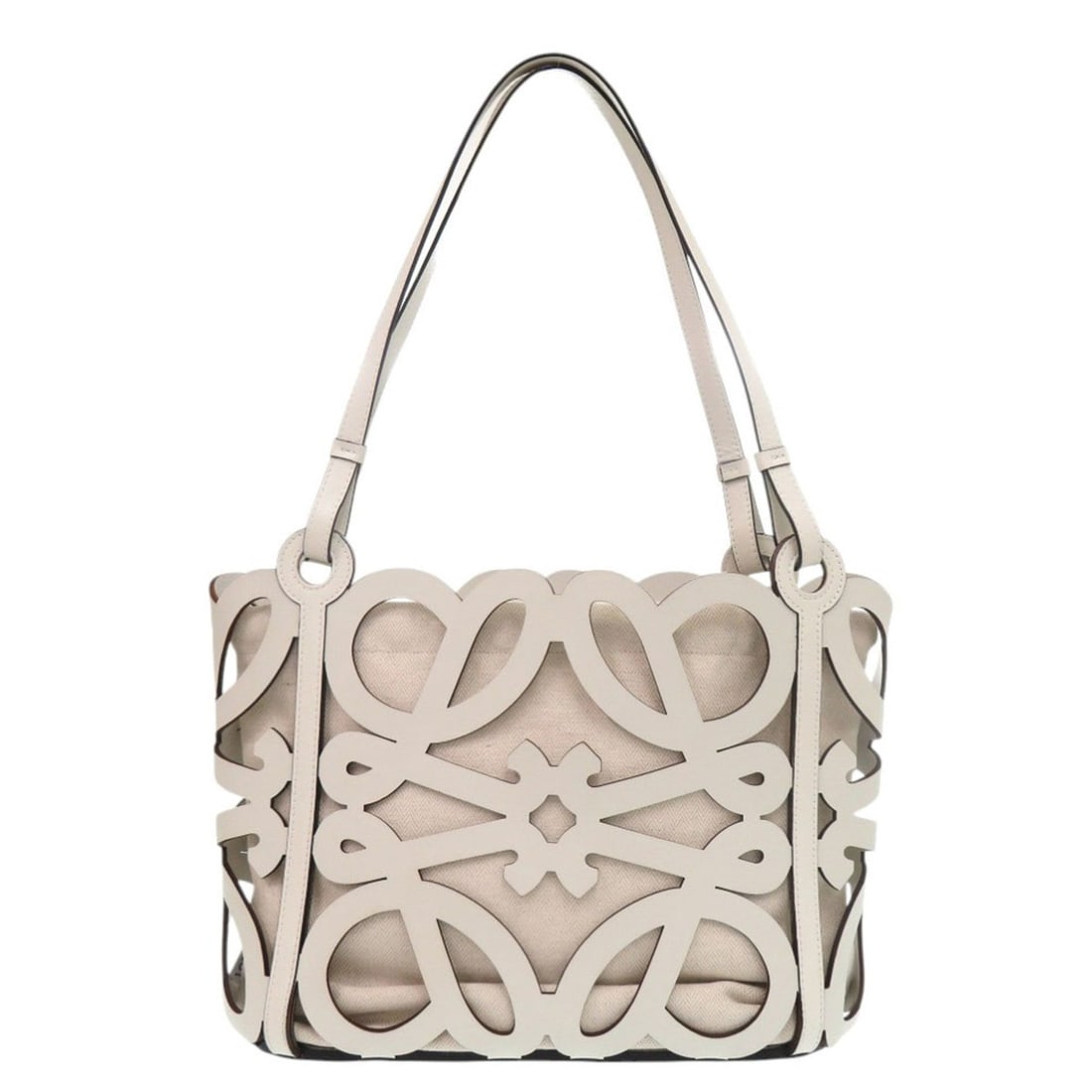 Excellent condition Loewe Anagram Cutout Tote A922Q05X02 Leather Canvas White Bag 0326LOEWE: --- Catalog ---Category: SizeSize (HxWxD): 26cm x 31.5cm x 11cm / 10.23'' x 12.4'' x 4.33''Category: DesignType: Tote bagColor: WhiteGender: WomenMaterial: Leather , Canvas Category: GeneralMPN: A922Q