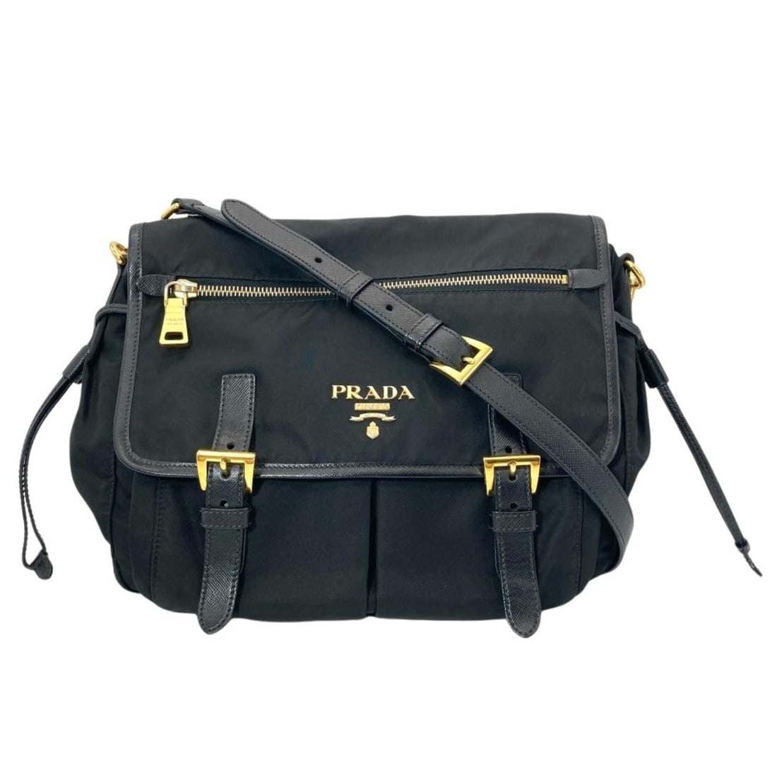 Prada nylon and leather shoulder bag, black with gold hardware, for women.: --- Catalog ---Category: SizeSize (HxWxD): 24cm x 31cm x 11cm / 9.44'' x 12.2'' x 4.33''Category: DesignType: Shoulder bagColor: BlackGender: WomenMaterial: Nylon , Leather Category: GeneralBrand: Pra